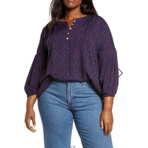 Caslon Shirred Popover Top in Navy Peacoat Block Print